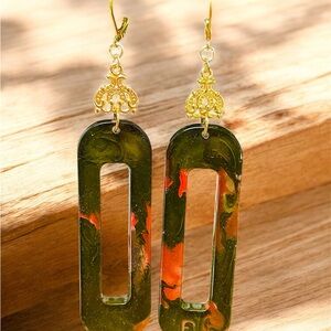 Elegant Round Open Rectangle Black & Red Dangle Earrings New